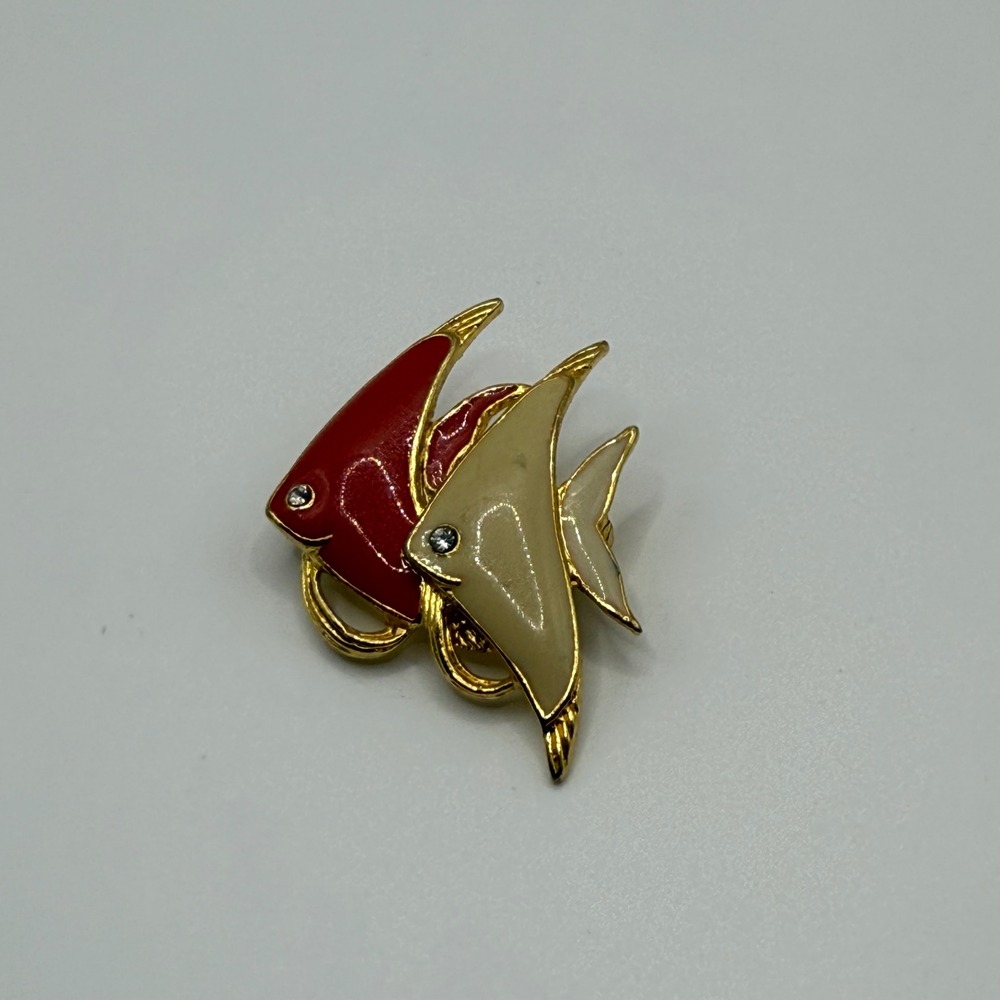 Vintage MJ Ent Red Cream Enamel Angelfish Brooch Gold Tone Rhinestone Eye Pin